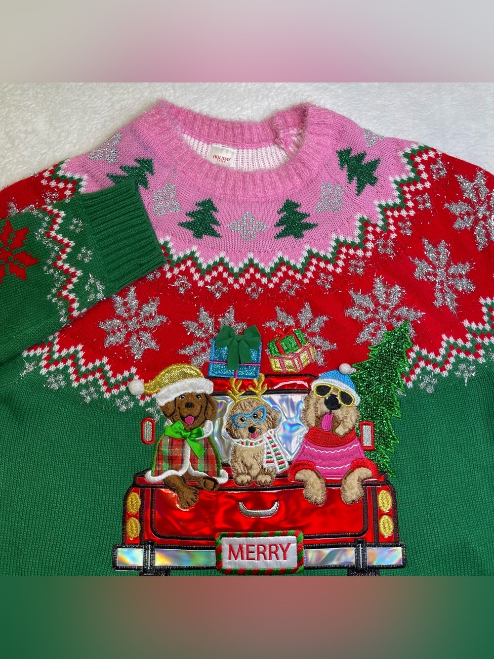 Holiday Time XL 16-18 Ugly Christmas Sweater Dogs Red Pickup Truck Merry